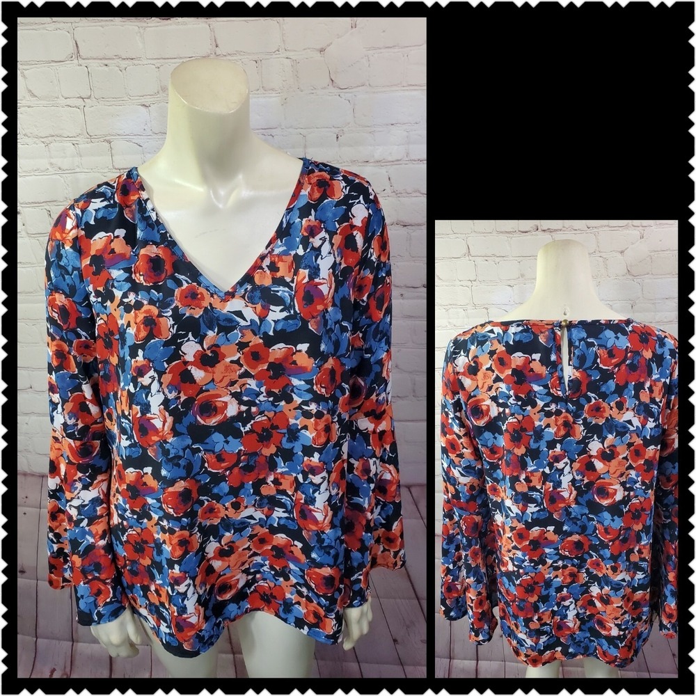 Peach Love blouse womans size medium multicolor bell sleeve v-neck keyhole